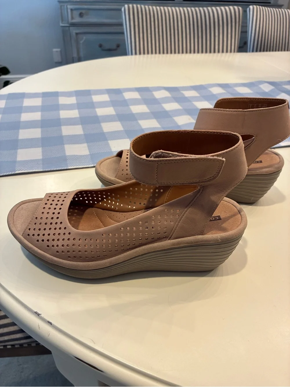 Clarks Taupe Perforated Ankle-Strap Wedge Sandal